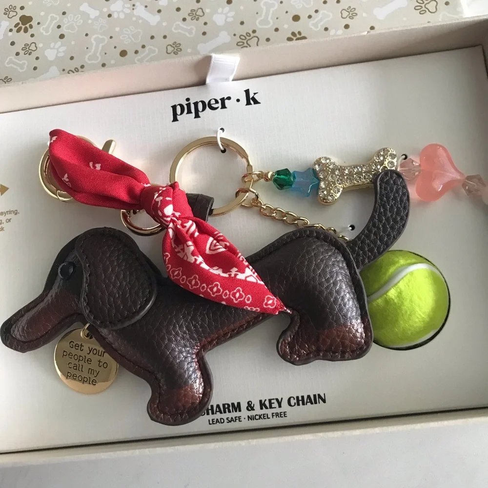 Piper K Dachshund Doggie Tennis Ball Rhinestone Key Chain Bag Charm
